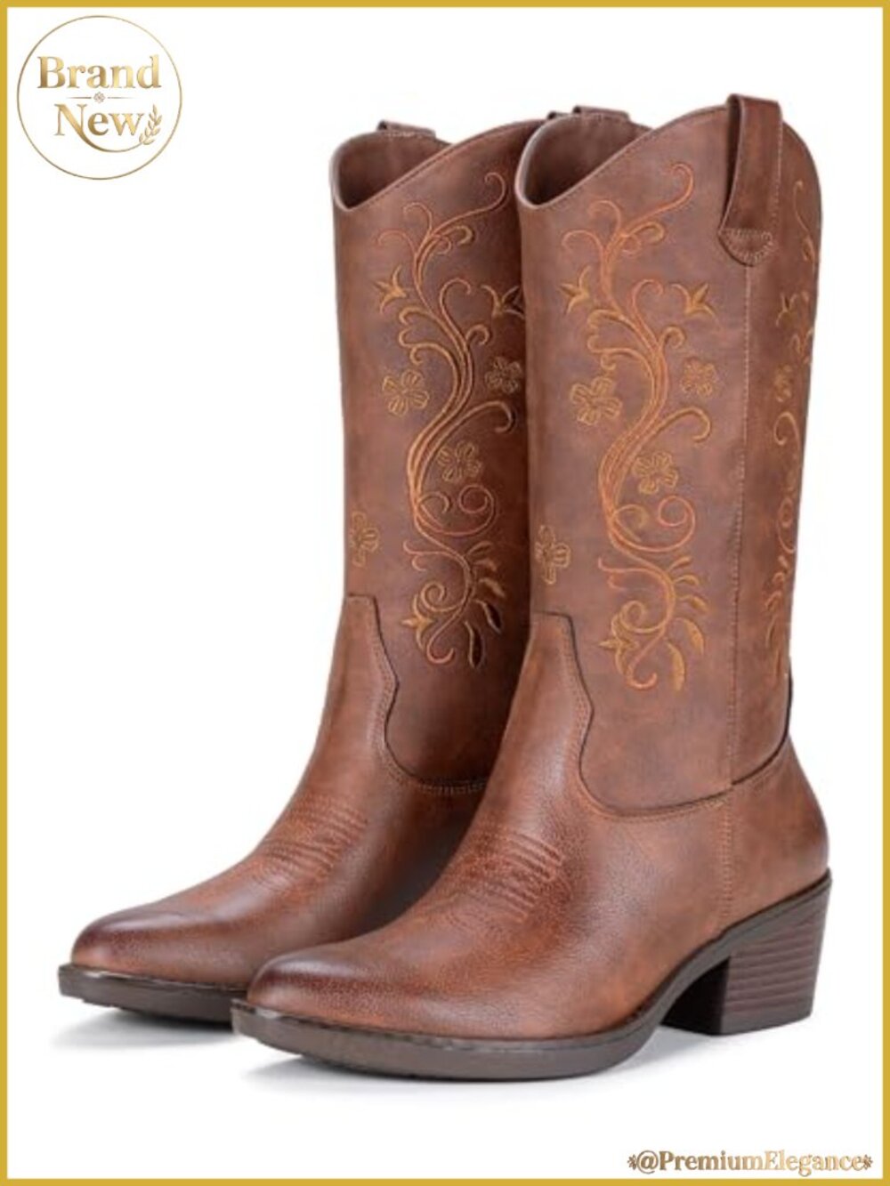 Women's Cowgirl Boots Faux Leather Embroidered Pointed Toe Mid Calf Western